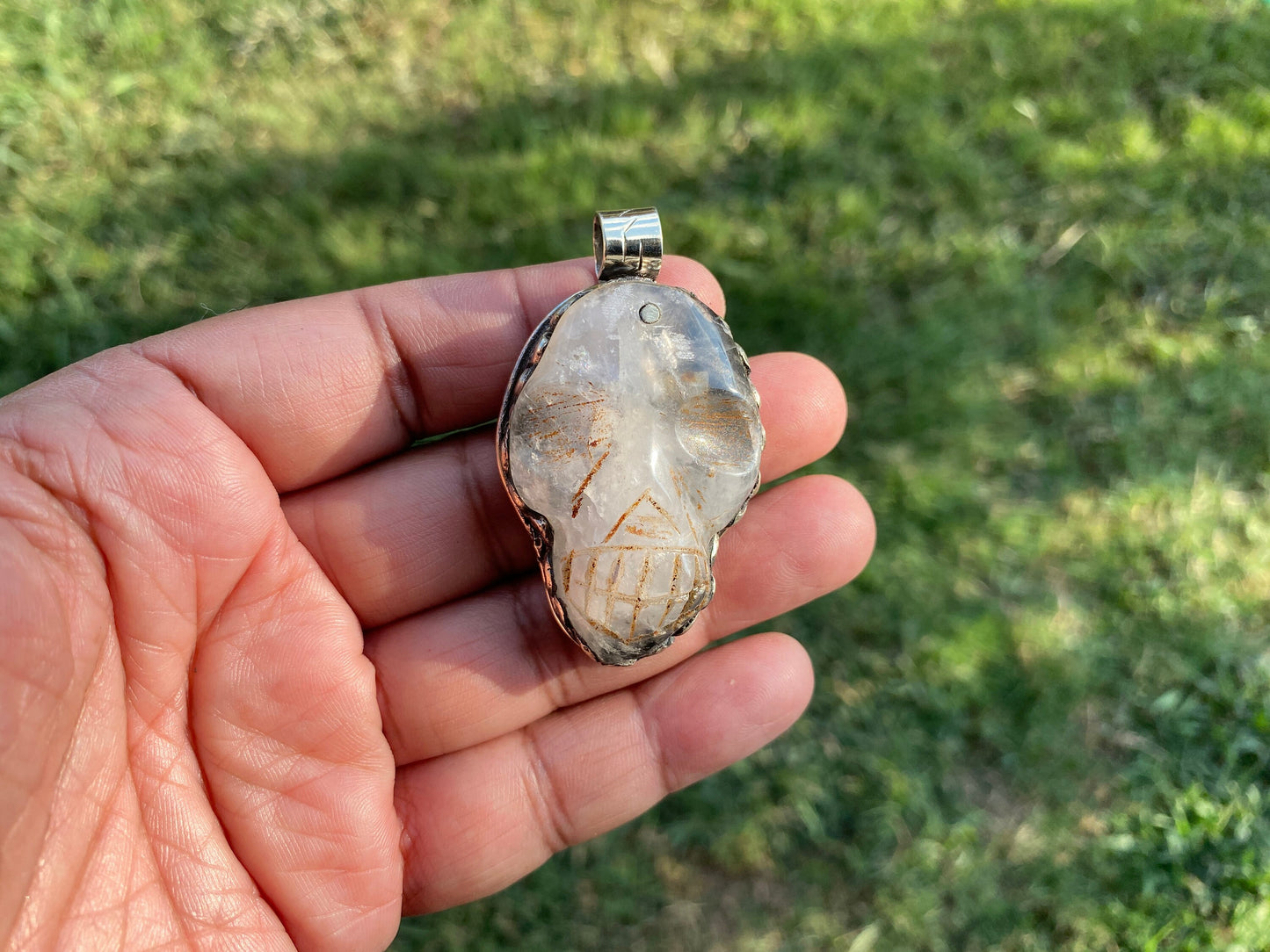 Caved Skull Crystal Pendant, Tibetan Silver, Crystal Pendant, Mystical Jewelry, Spiritual Amulet, Healing Crystal, Gothic, Energy Stone