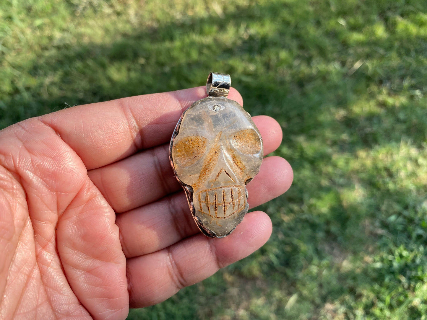 Caved Skull Crystal Pendant, Tibetan Silver, Crystal Pendant, Mystical Jewelry, Spiritual Amulet, Healing Crystal, Gothic, Energy Stone
