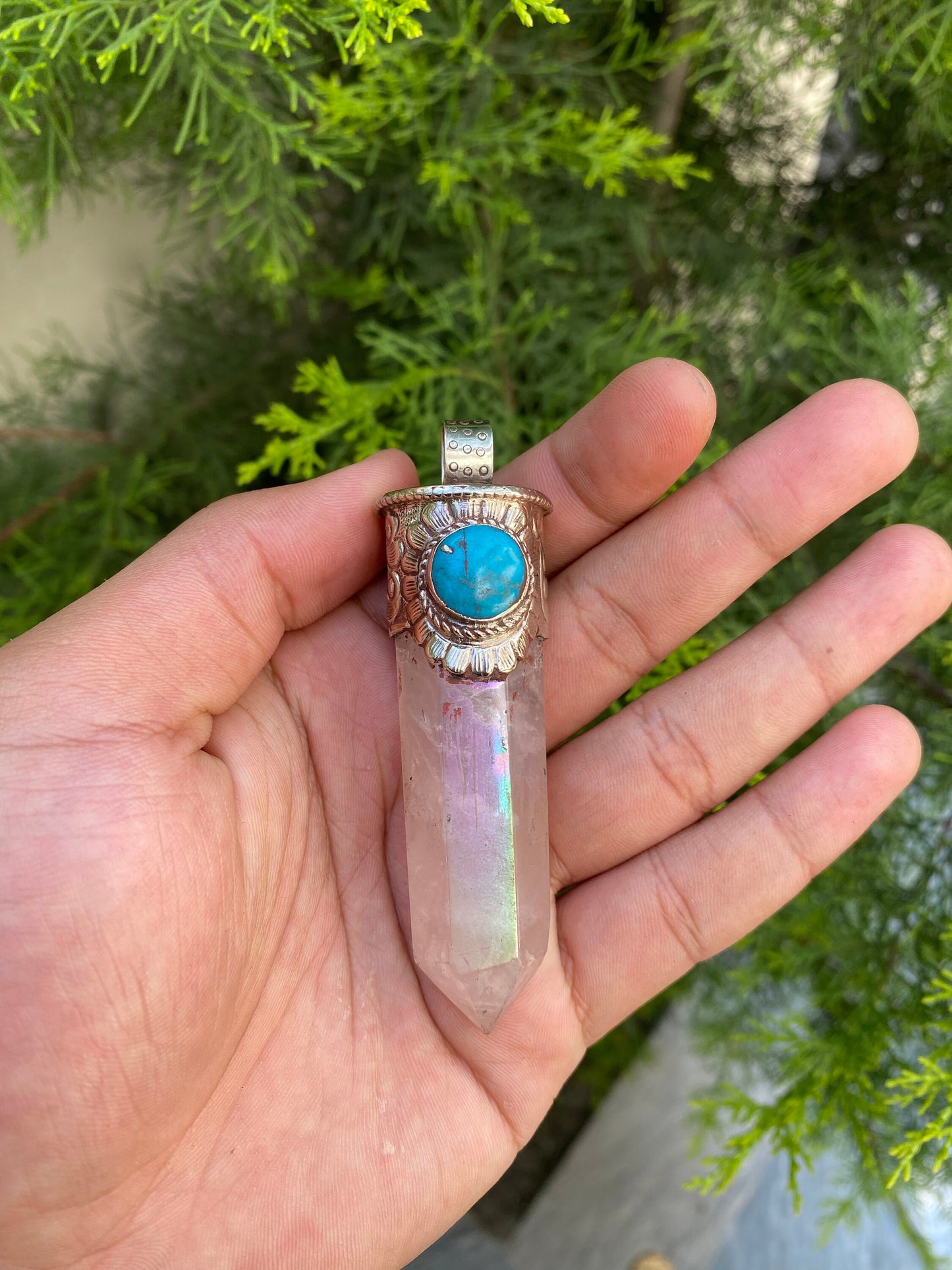 Pointed Crystal Amulet with Turquoise: Celestial Elegance, Pointed crystal pendant