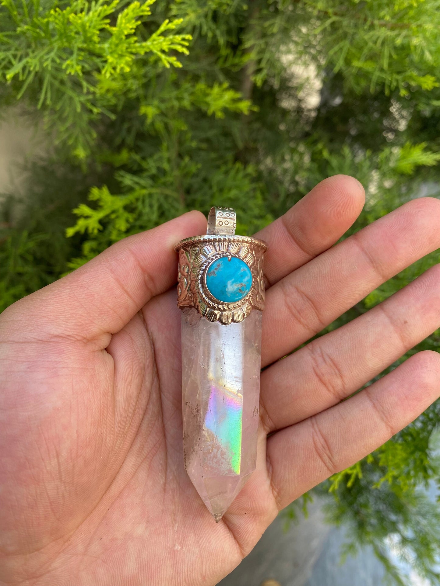 Pointed Crystal Amulet with Turquoise: Celestial Elegance, Pointed crystal pendant