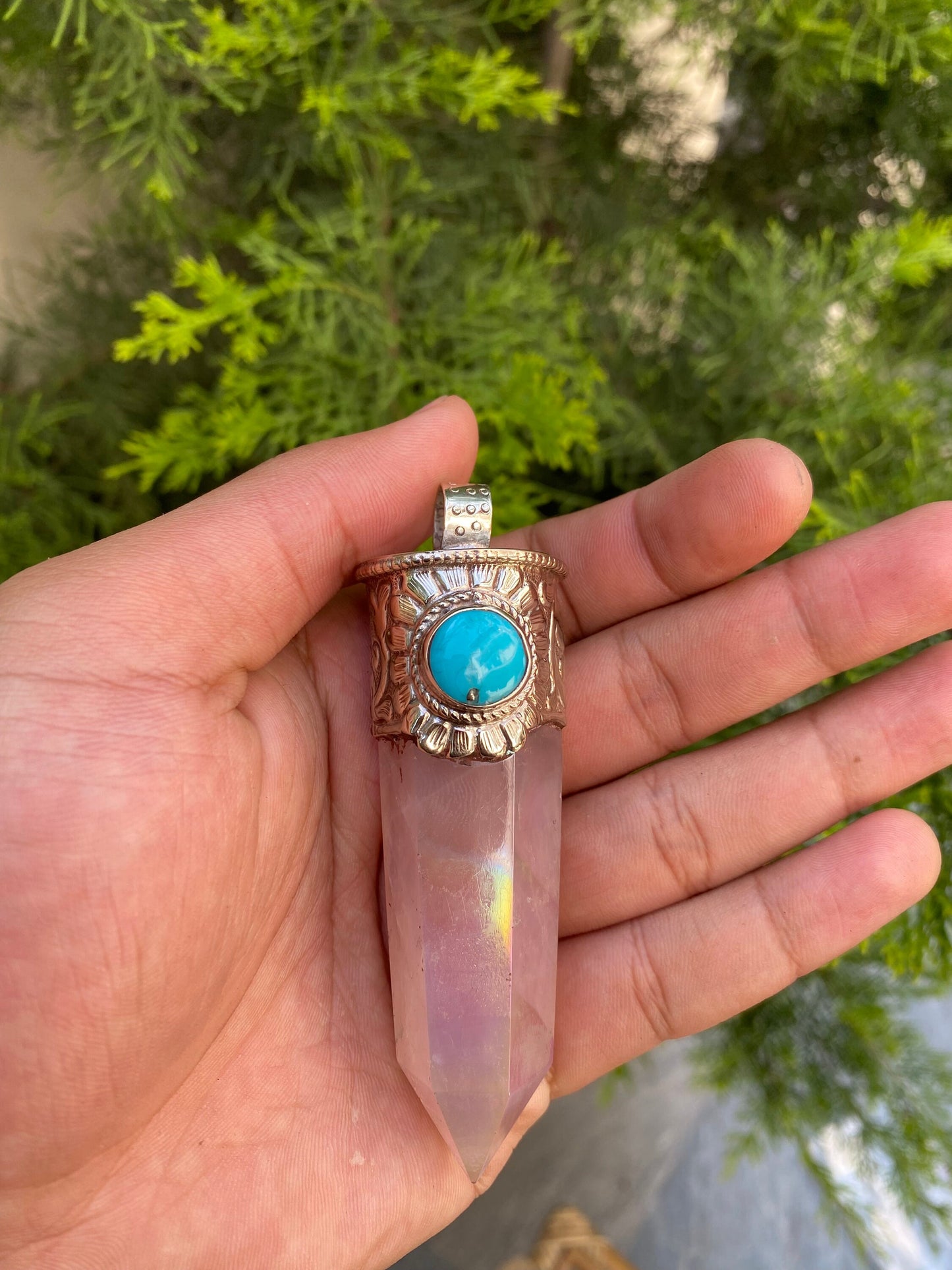 Pointed Crystal Amulet with Turquoise: Celestial Elegance, Pointed crystal pendant