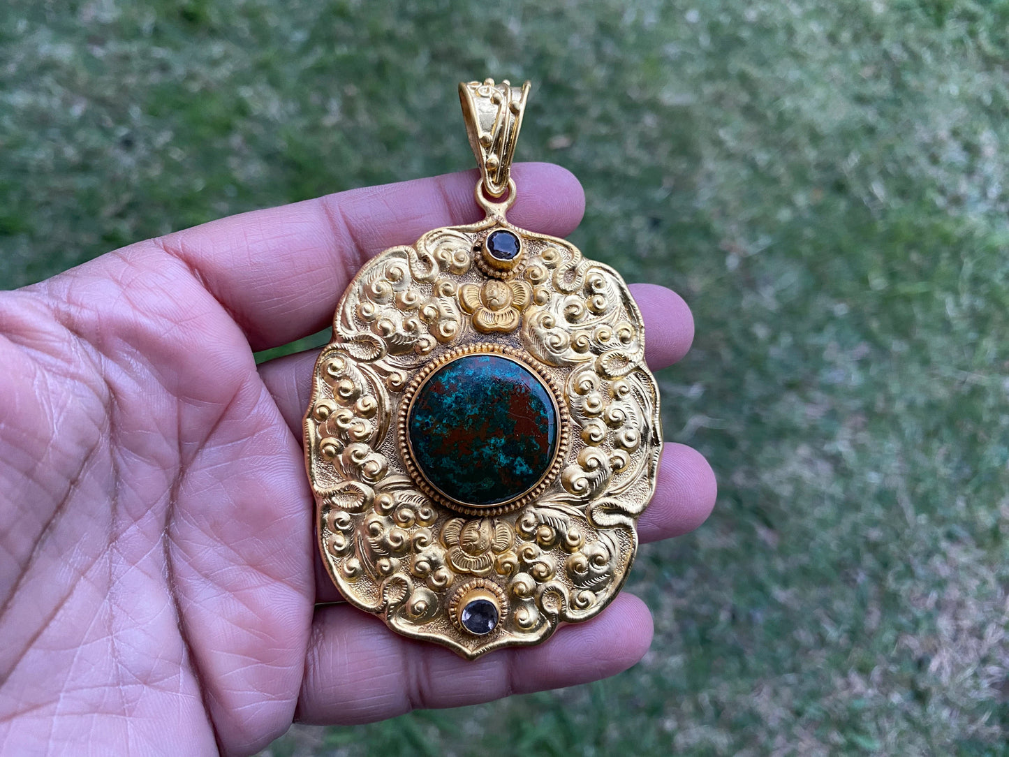 Chrysocolla Natural Stone, Non Tarnish Brushed Gold Overlay, Elegant Jewelry, Luxury Pendant, Unique Stone Statement Piece, Jewelry Gift