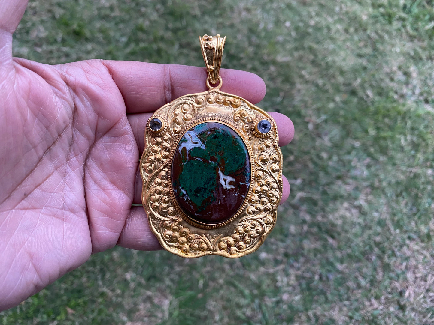 Chrysocolla Natural Stone, Non Tarnish Brushed Gold Overlay, Elegant Jewelry, Luxury Pendant, Unique Stone Statement Piece, Jewelry Gift