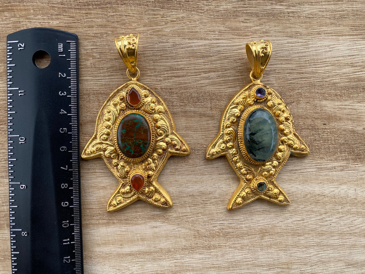 Chrysocolla or Prehnite Stone Pendant, Non Tarnish Brushed Gold Overlay, Elegant Jewelry, Luxury Gold Jewelry, Unique Fish Design Necklace