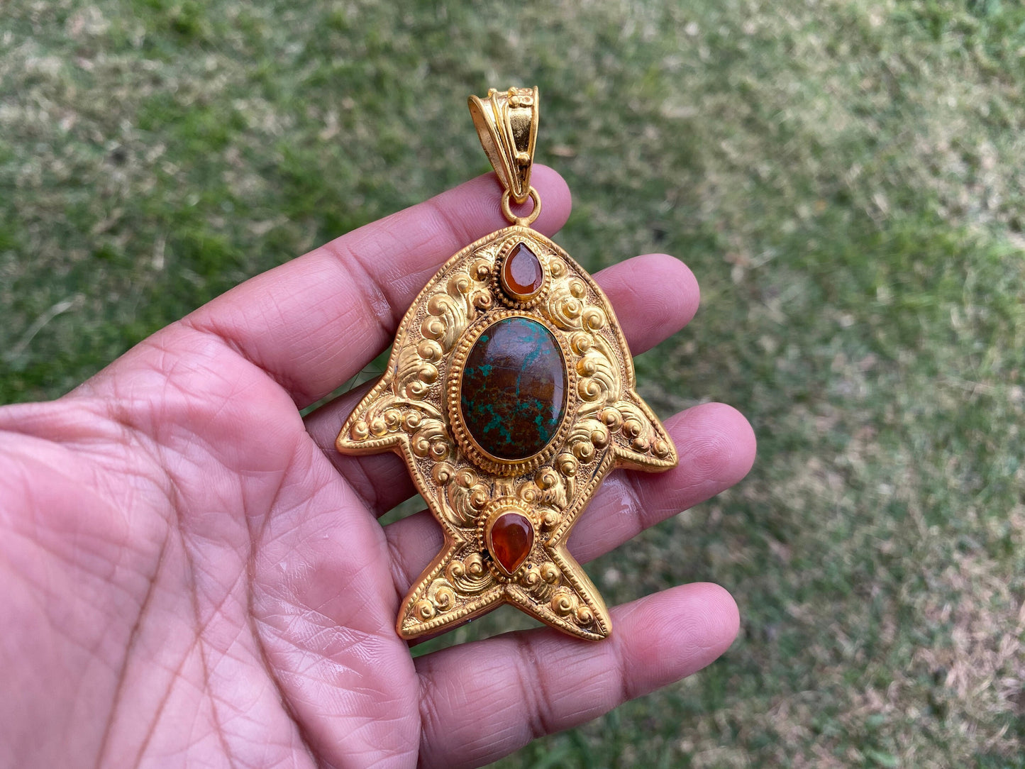 Chrysocolla or Prehnite Stone Pendant, Non Tarnish Brushed Gold Overlay, Elegant Jewelry, Luxury Gold Jewelry, Unique Fish Design Necklace