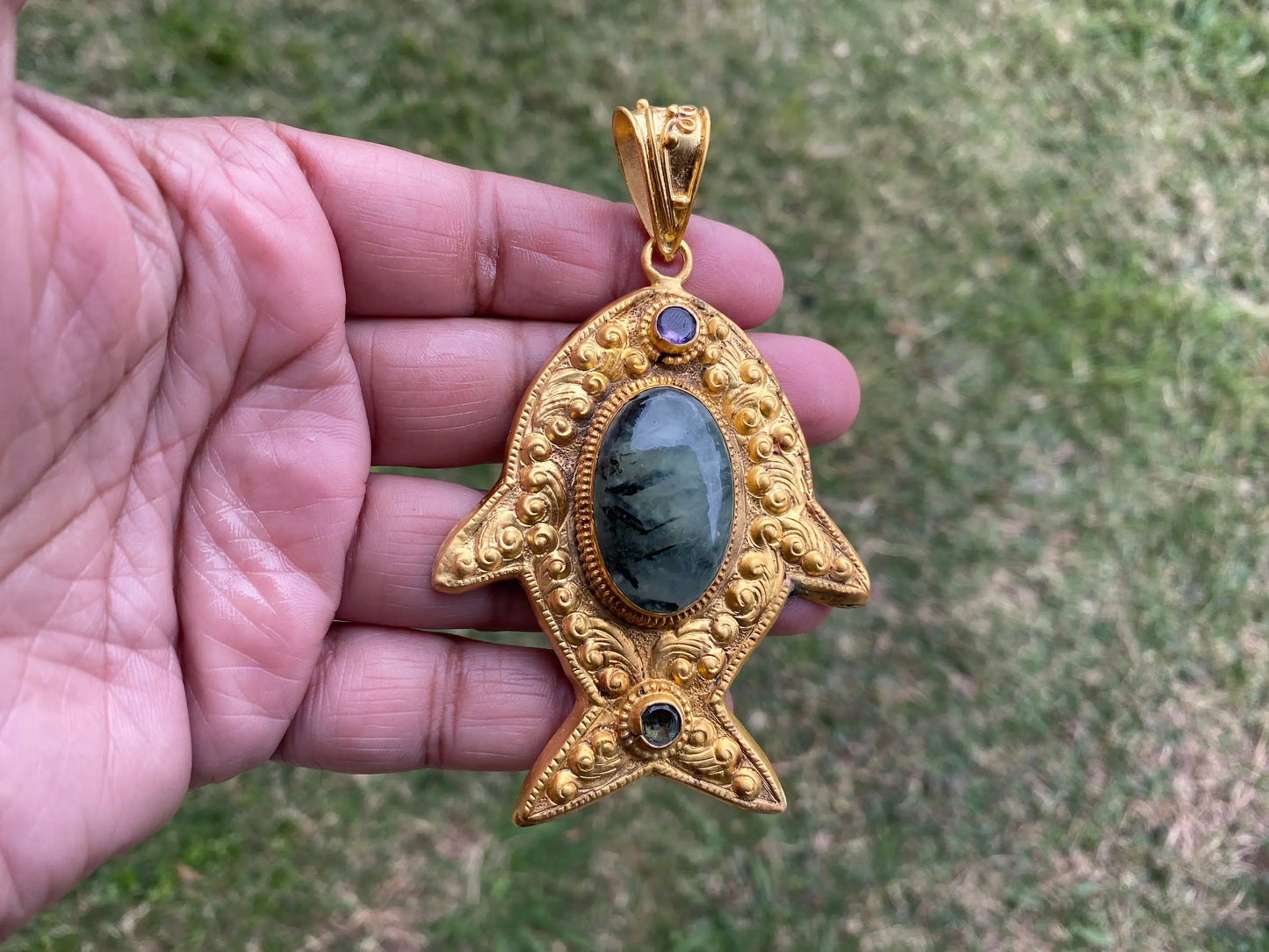 Chrysocolla or Prehnite Stone Pendant, Non Tarnish Brushed Gold Overlay, Elegant Jewelry, Luxury Gold Jewelry, Unique Fish Design Necklace