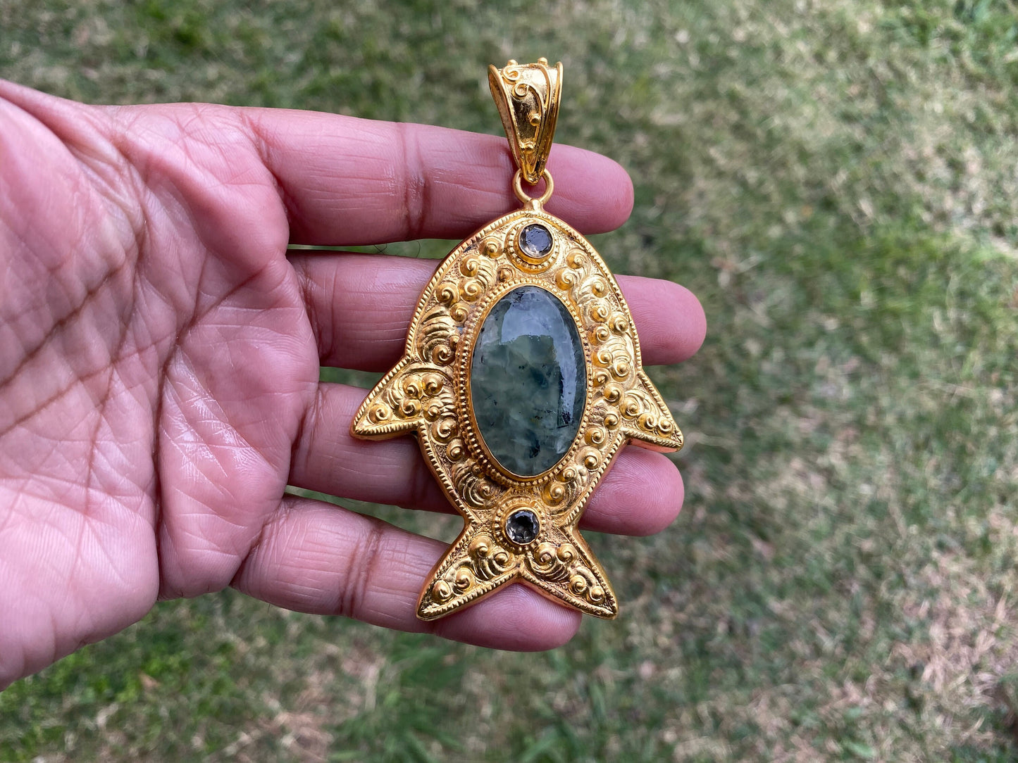 Chrysocolla or Prehnite Stone Pendant, Non Tarnish Brushed Gold Overlay, Elegant Jewelry, Luxury Gold Jewelry, Unique Fish Design Necklace