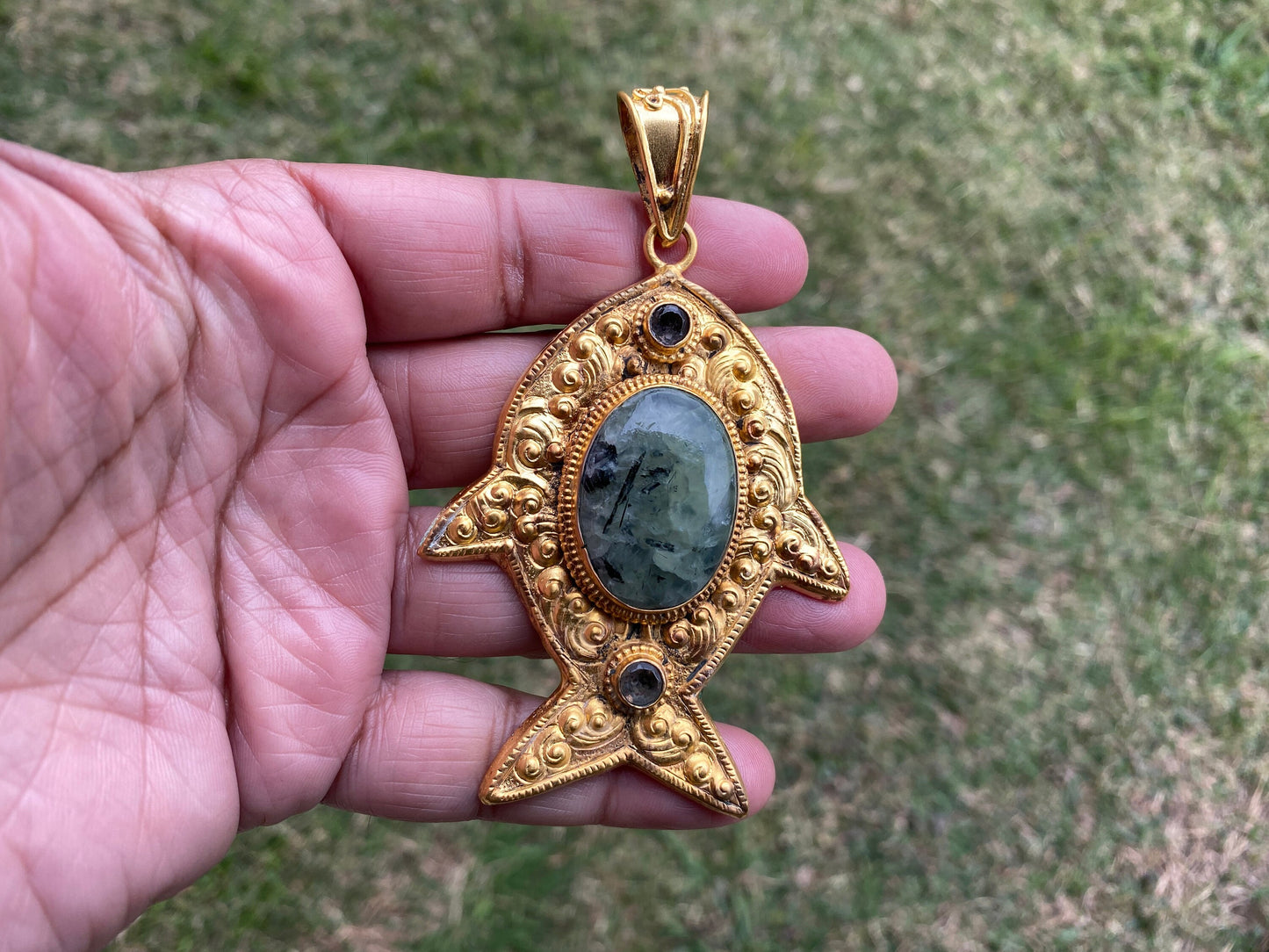 Chrysocolla or Prehnite Stone Pendant, Non Tarnish Brushed Gold Overlay, Elegant Jewelry, Luxury Gold Jewelry, Unique Fish Design Necklace
