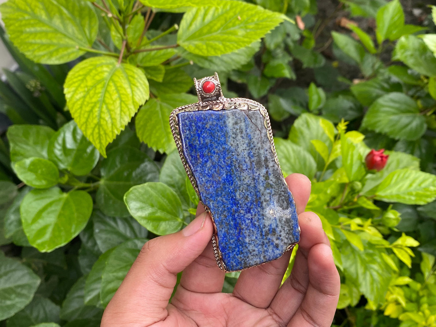 Collectible Artisanal Pendant with Lapis, Coral & Hammered Silver - Unisex Floral Design, Unique Pendant, Handmade design, Statement piece.