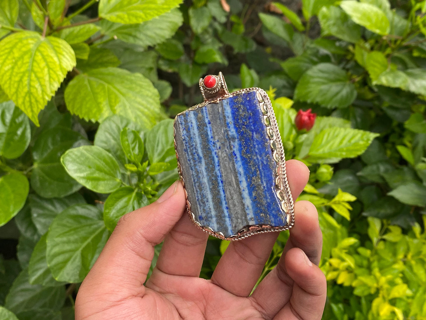 Collectible Artisanal Pendant with Lapis, Coral & Hammered Silver - Unisex Floral Design, Unique Pendant, Handmade design, Statement piece.