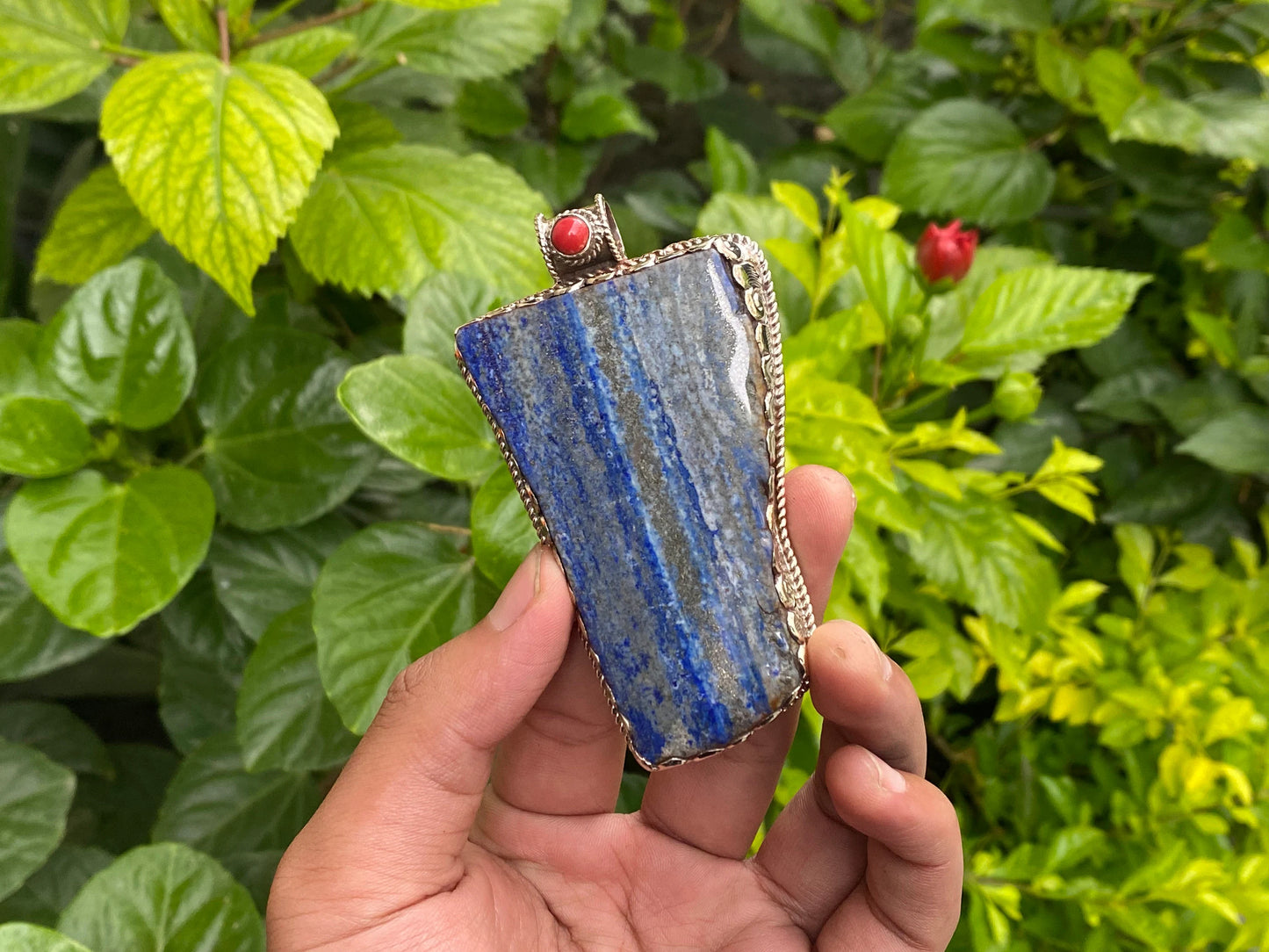 Collectible Artisanal Pendant with Lapis, Coral & Hammered Silver - Unisex Floral Design, Unique Pendant, Handmade design, Statement piece.