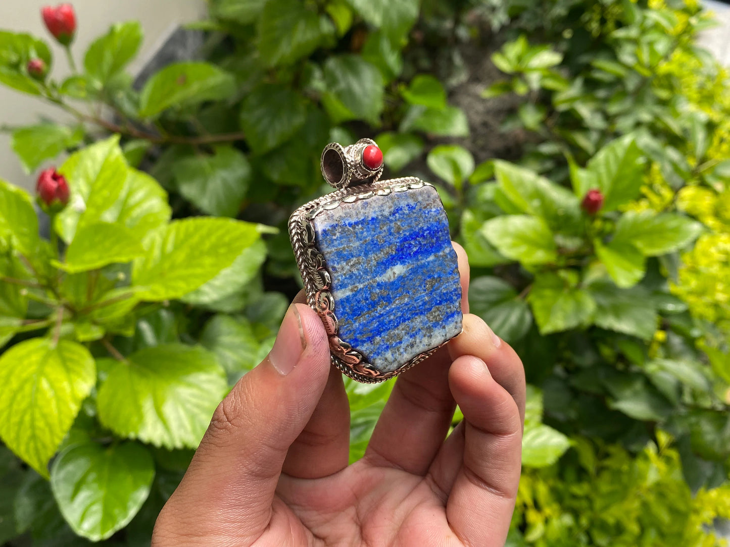 Collectible Floral designed Handmade Pendant with Lapis, Coral & Hammered Silver - Unisex Statement Jewelry, Unique pendant, Unisex gift.