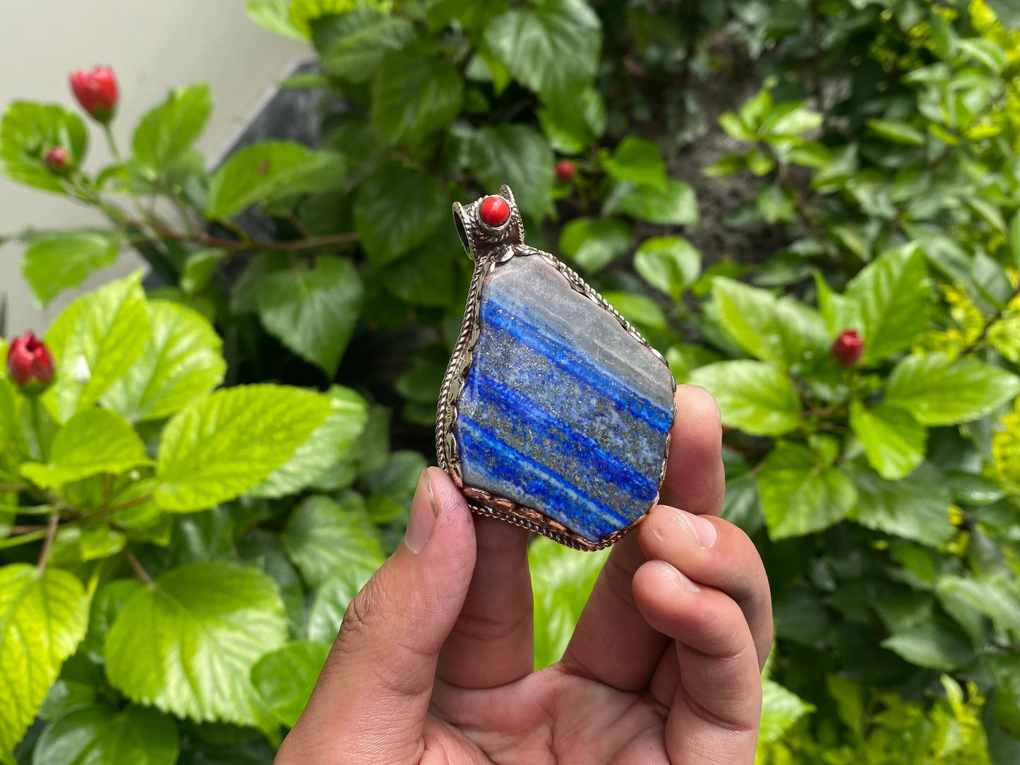 Collectible Floral designed Handmade Pendant with Lapis, Coral & Hammered Silver - Unisex Statement Jewelry, Unique pendant, Unisex gift.