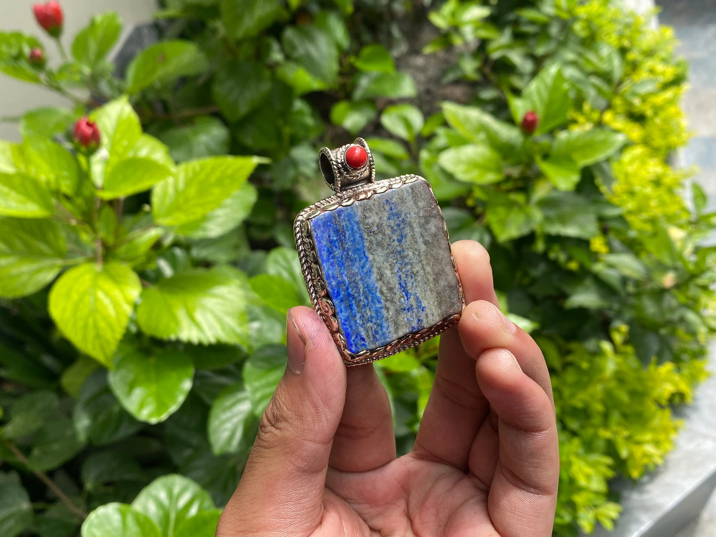Collectible Floral designed Handmade Pendant with Lapis, Coral & Hammered Silver - Unisex Statement Jewelry, Unique pendant, Unisex gift.