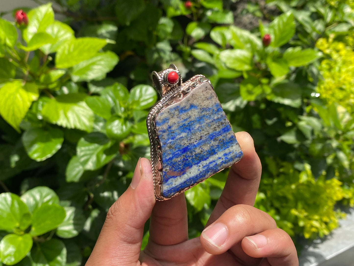 Collectible Floral designed Handmade Pendant with Lapis, Coral & Hammered Silver - Unisex Statement Jewelry, Unique pendant, Unisex gift.
