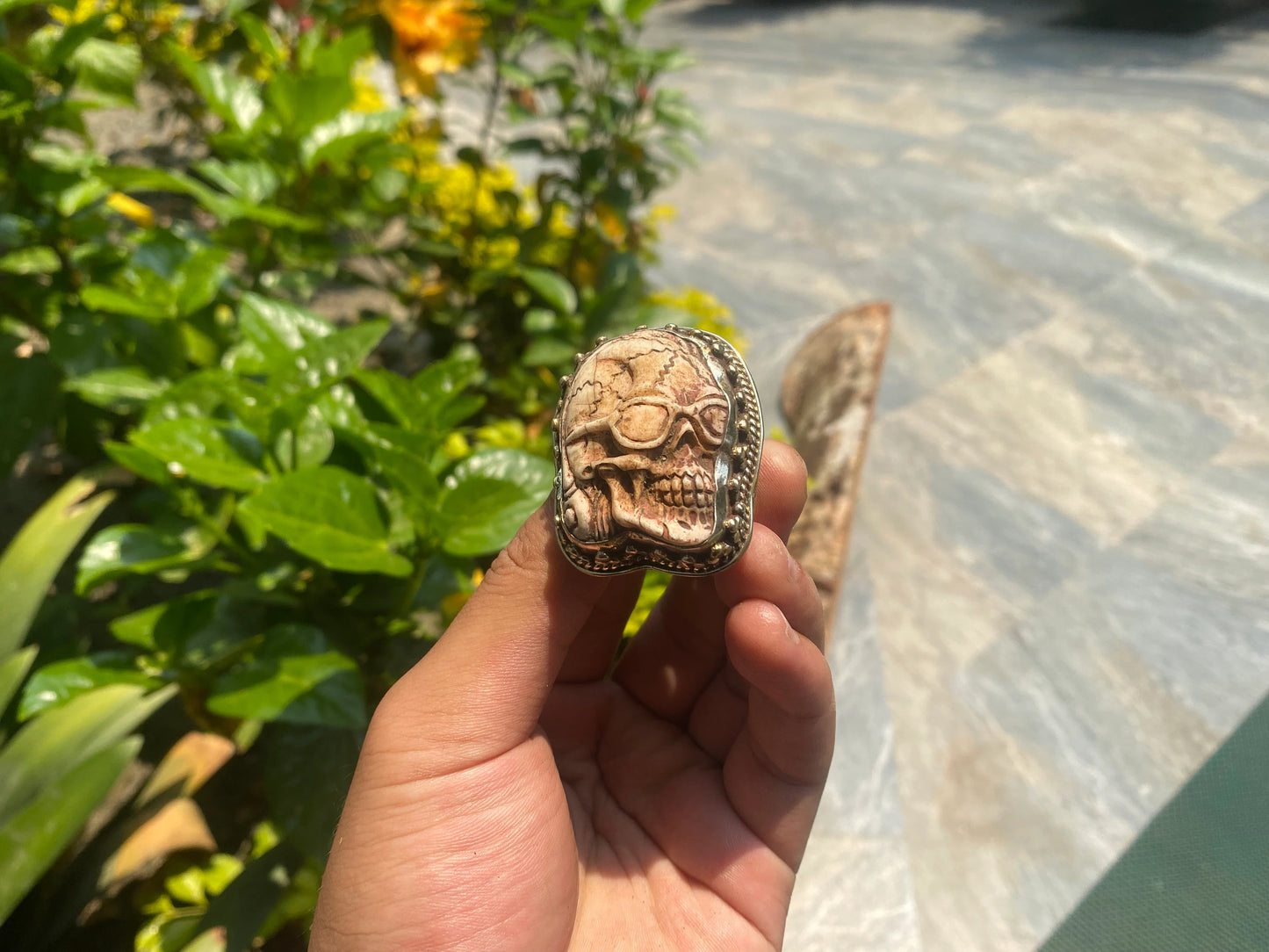 Cool looking Skull carved on Buffalo Bone, Big Adjustable Tibetan Silver Ring, Cool Gift Ideas.