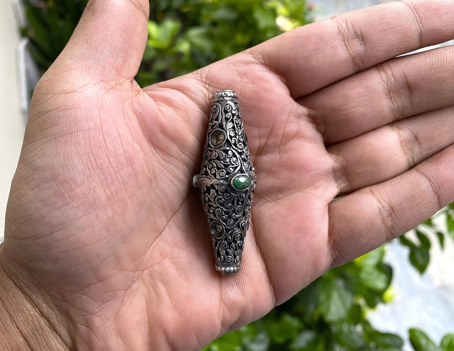 Copper Tibetan Beads with Peridot and Emerald Inlay | Himalayan Mala Guru Beads,Ethnic Hill Tribe Beads for Necklace,Bracelet,Jewelry Making