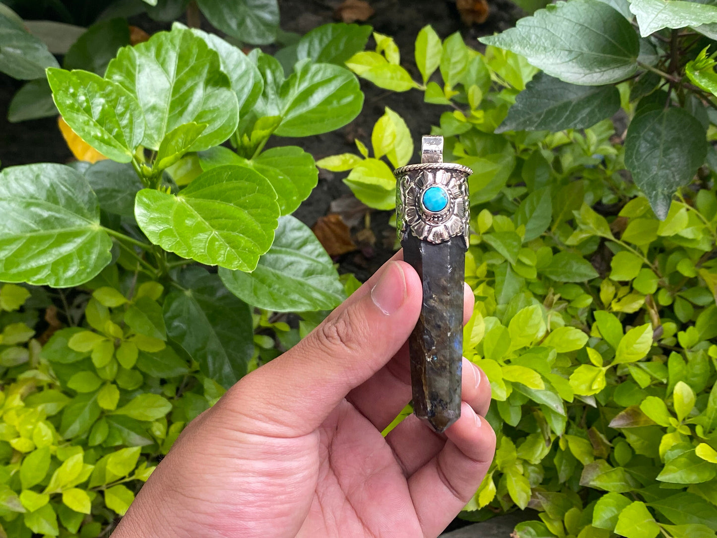Pointed Labradorite and Turquoise Pendant: Crafted in Nepal, Unisex pendant, Healing pendant, Gift for her, Aesthetic Pendant.