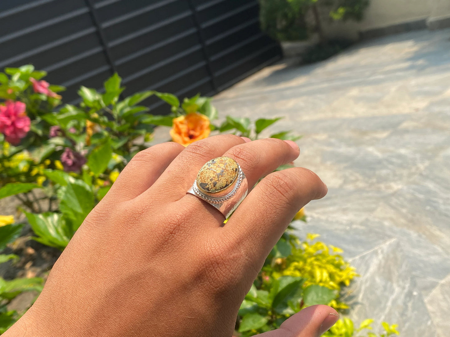 Crafted with Love: Adjustable Turquoise Hammered Ring with Silver & Gold Overlay, Aesthetic Ring, Unisex Ring.