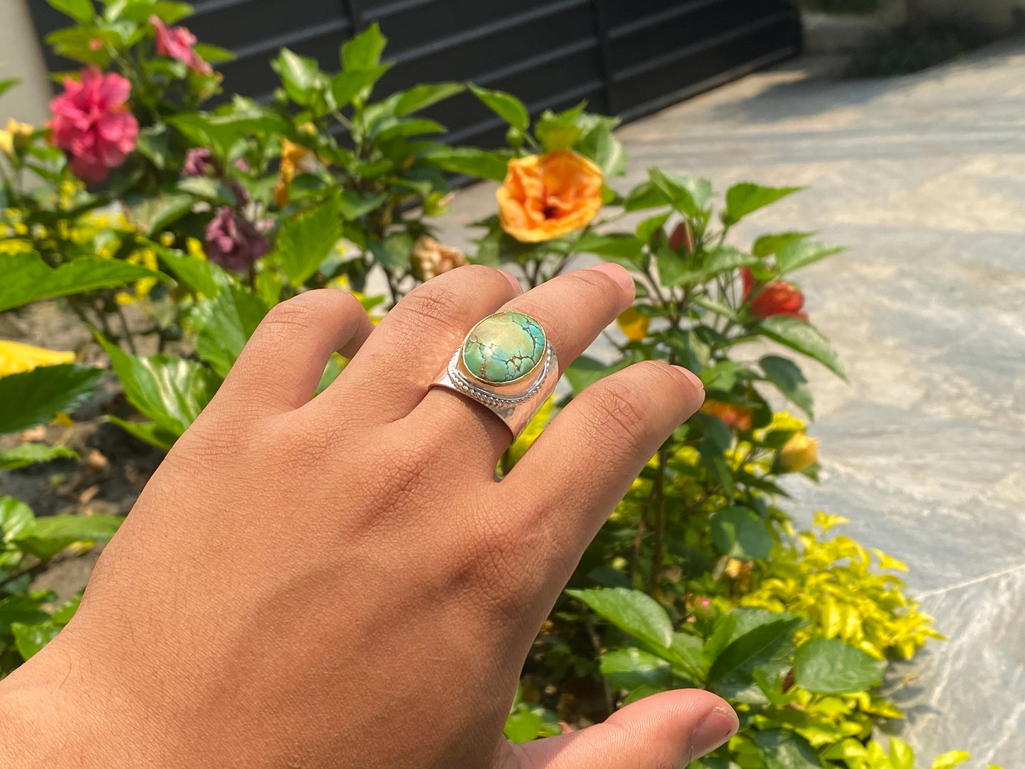 Crafted with Love: Adjustable Turquoise Hammered Ring with Silver & Gold Overlay, Aesthetic Ring, Unisex Ring.