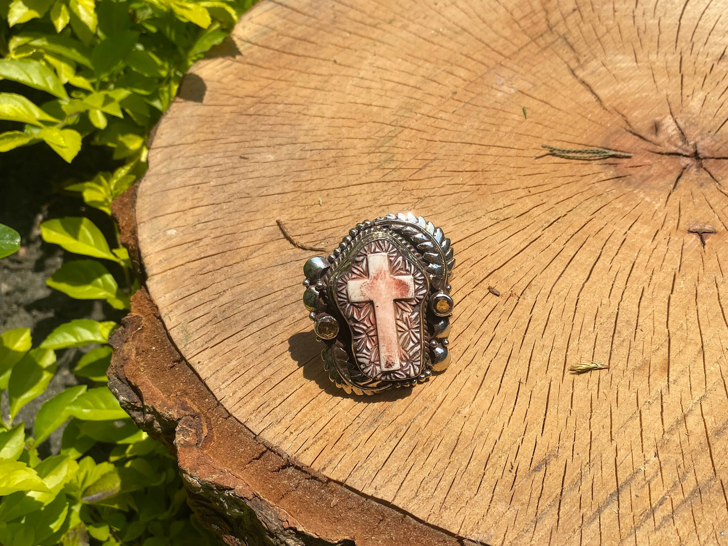 Cross Carved on Buffalo Bone, Adjustable Tibetan Silver Ring, For Daily wear, Bone carved Ring.