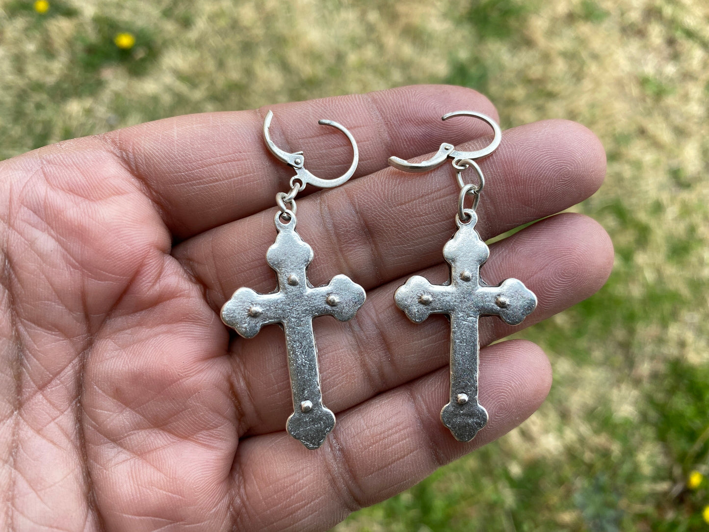 Cross Design Egyptian Earrings, Brushed Silver Plated Hoop Earrings, Ancient Gypsy Earring, Ethnic Earrings, Light Weight, Bridal Earrings