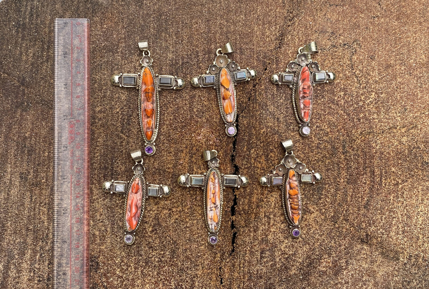 Cross Shaped Spiny Orange Oyster Pendant adorned with Natural Gemstones & Tibetan Silver Details, Healing Pendant, Handmade Unisex Pendant.