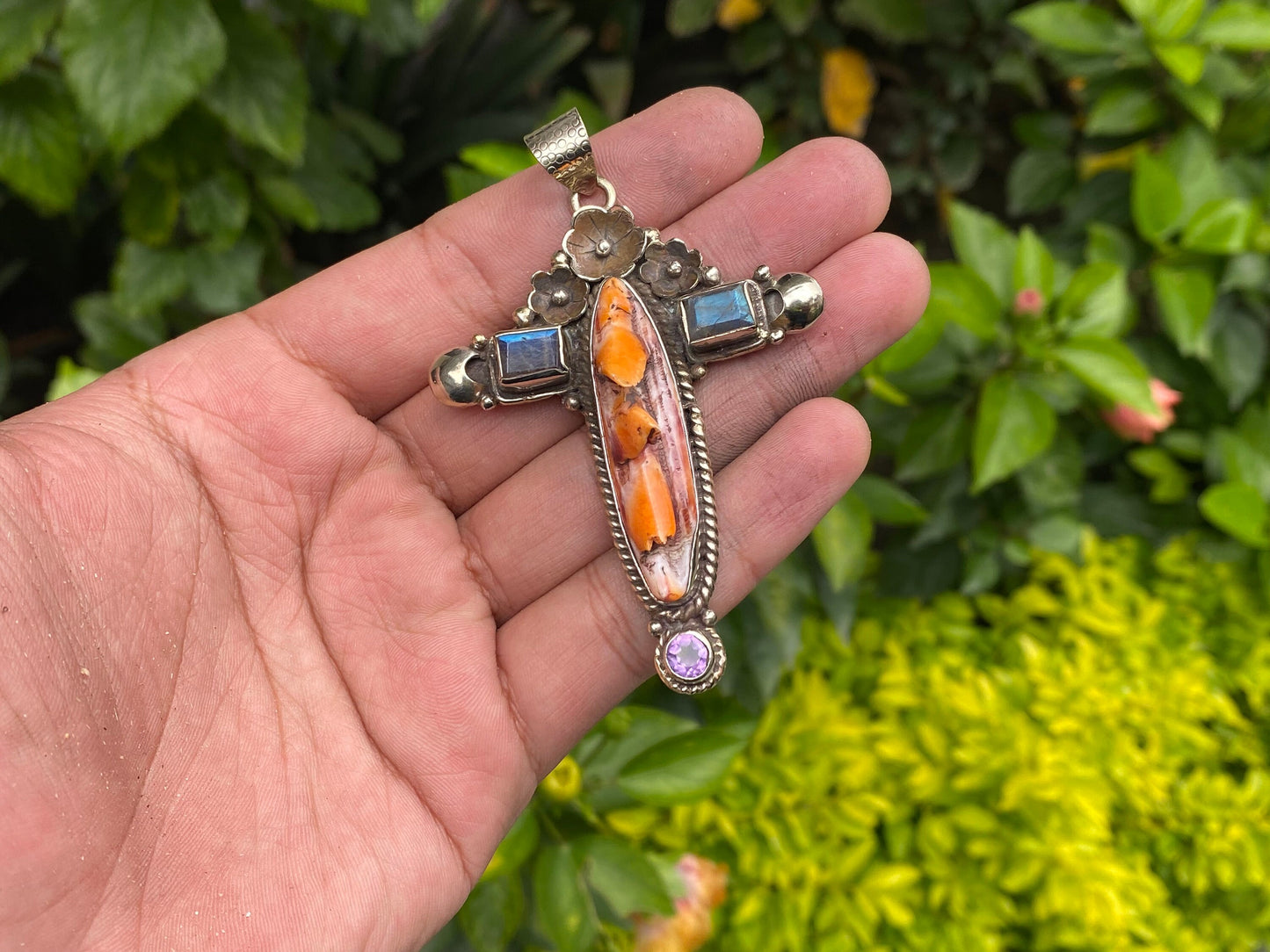Cross Shaped Spiny Orange Oyster Pendant adorned with Natural Gemstones & Tibetan Silver Details, Healing Pendant, Handmade Unisex Pendant.