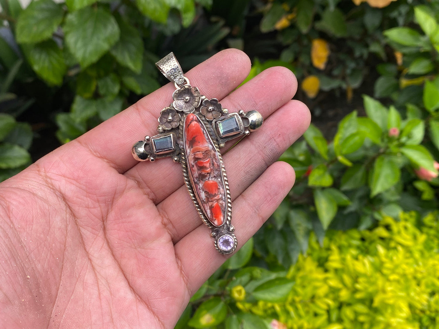 Cross Shaped Spiny Orange Oyster Pendant adorned with Natural Gemstones & Tibetan Silver Details, Healing Pendant, Handmade Unisex Pendant.