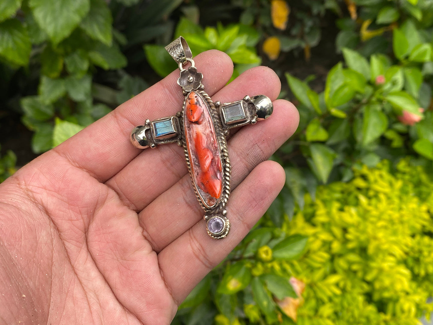 Cross Shaped Spiny Orange Oyster Pendant adorned with Natural Gemstones & Tibetan Silver Details, Healing Pendant, Handmade Unisex Pendant.