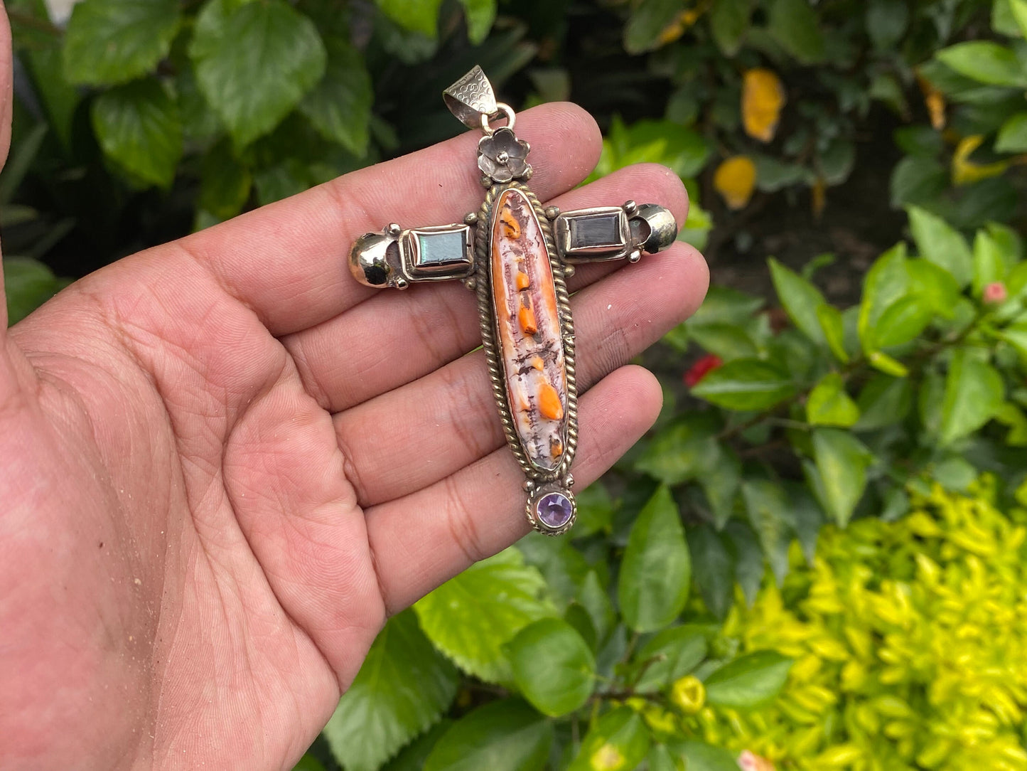 Cross Shaped Spiny Orange Oyster Pendant adorned with Natural Gemstones & Tibetan Silver Details, Healing Pendant, Handmade Unisex Pendant.