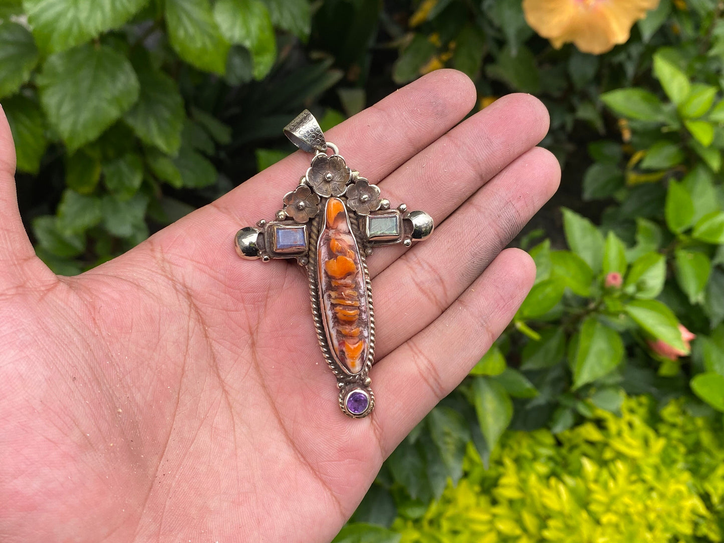 Cross Shaped Spiny Orange Oyster Pendant adorned with Natural Gemstones & Tibetan Silver Details, Healing Pendant, Handmade Unisex Pendant.