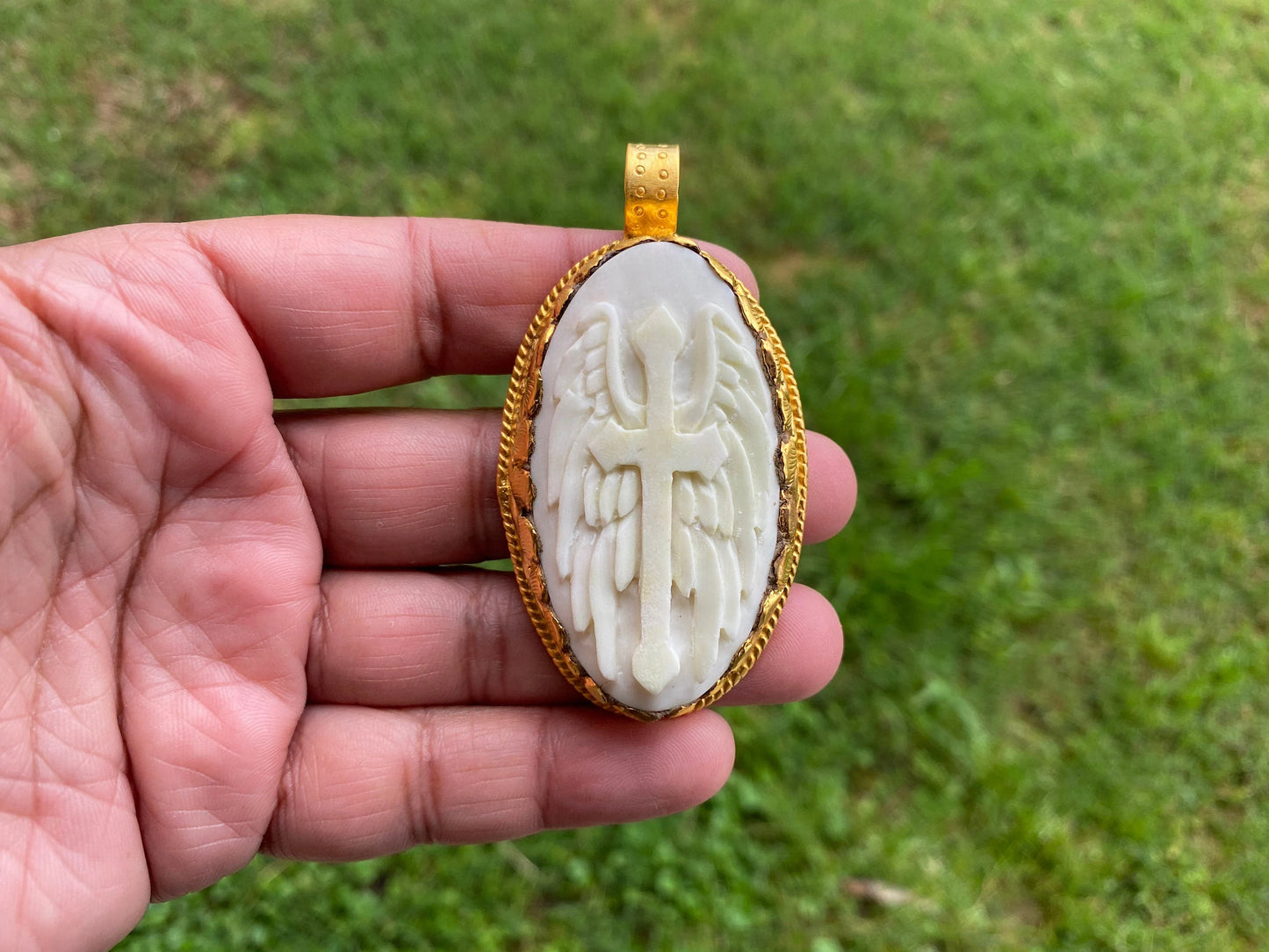 Cross with Angel Wings Bone Carved Pendant, High Quality 18K Matte Gold Overlay Non Tarnish, Guardian Angel Cross, Unisex, Religious Jewelry