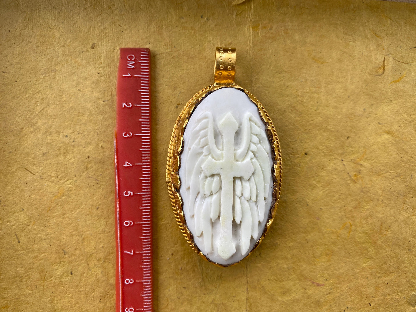 Cross with Angel Wings Bone Carved Pendant, High Quality 18K Matte Gold Overlay Non Tarnish, Guardian Angel Cross, Unisex, Religious Jewelry