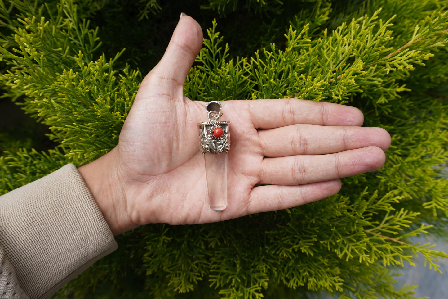 Crystal with Red Coral Tibetan Silver Pendant | Healing Pendant, Natural Gemstone, Unisex Pendant, Pointed Pendant, Handmade gift ideas