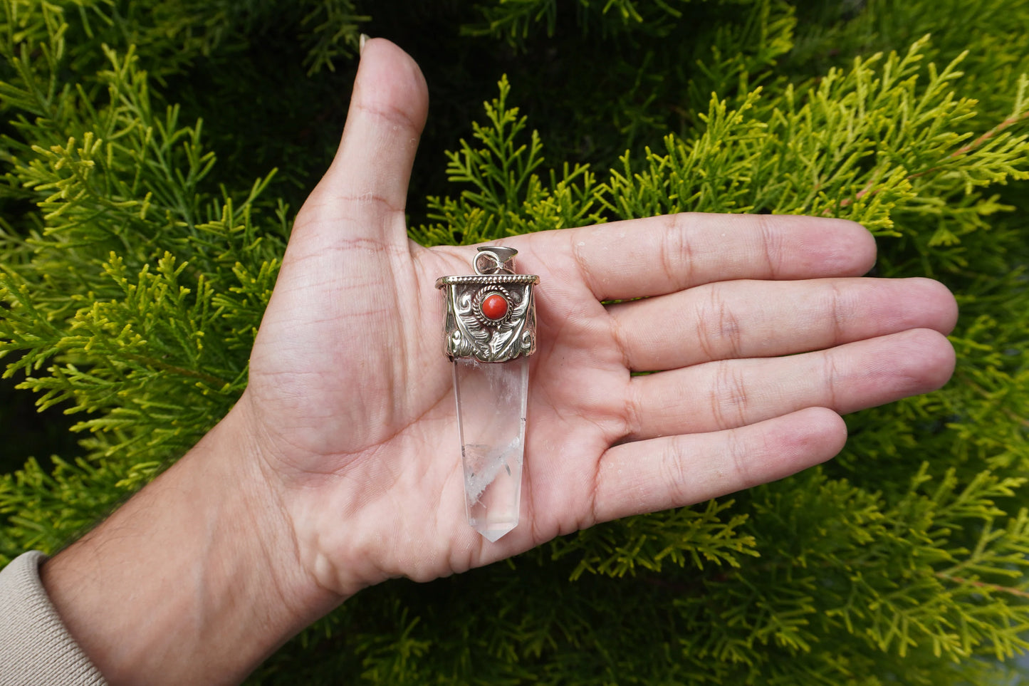 Crystal with Red Coral Tibetan Silver Pendant | Healing Pendant, Natural Gemstone, Unisex Pendant, Pointed Pendant, Handmade gift ideas