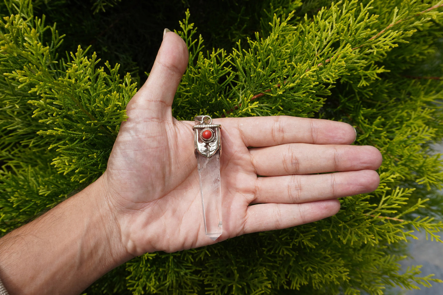Crystal with Red Coral Tibetan Silver Pendant | Healing Pendant, Natural Gemstone, Unisex Pendant, Pointed Pendant, Handmade gift ideas