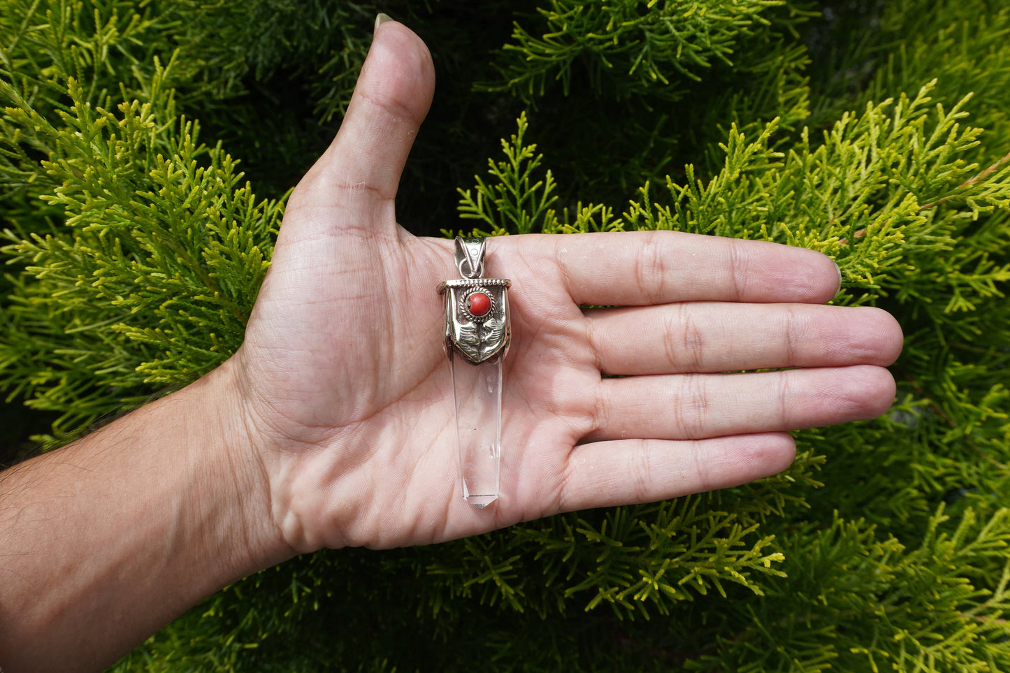 Crystal with Red Coral Tibetan Silver Pendant | Healing Pendant, Natural Gemstone, Unisex Pendant, Pointed Pendant, Handmade gift ideas