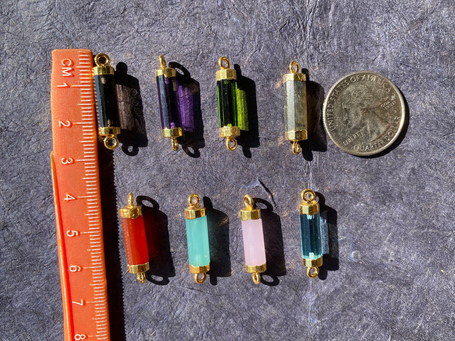 26X7 mm, Cylindrical Bar Double Bail Hydro Quartz Gemstone Connector, Faceted Gemstone, Gold Electroplated, Jewelry Making Supplies, Barrel