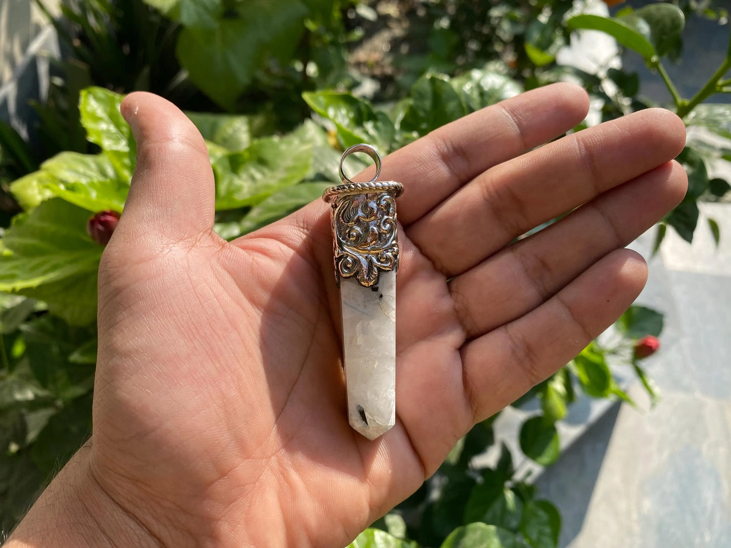 Daily Wear Natural Moonstone Pendant in Tibetan Silver | Handcrafted Pointed Pendant, Unisex Bohemian Jewelry, Pendant for Necklace