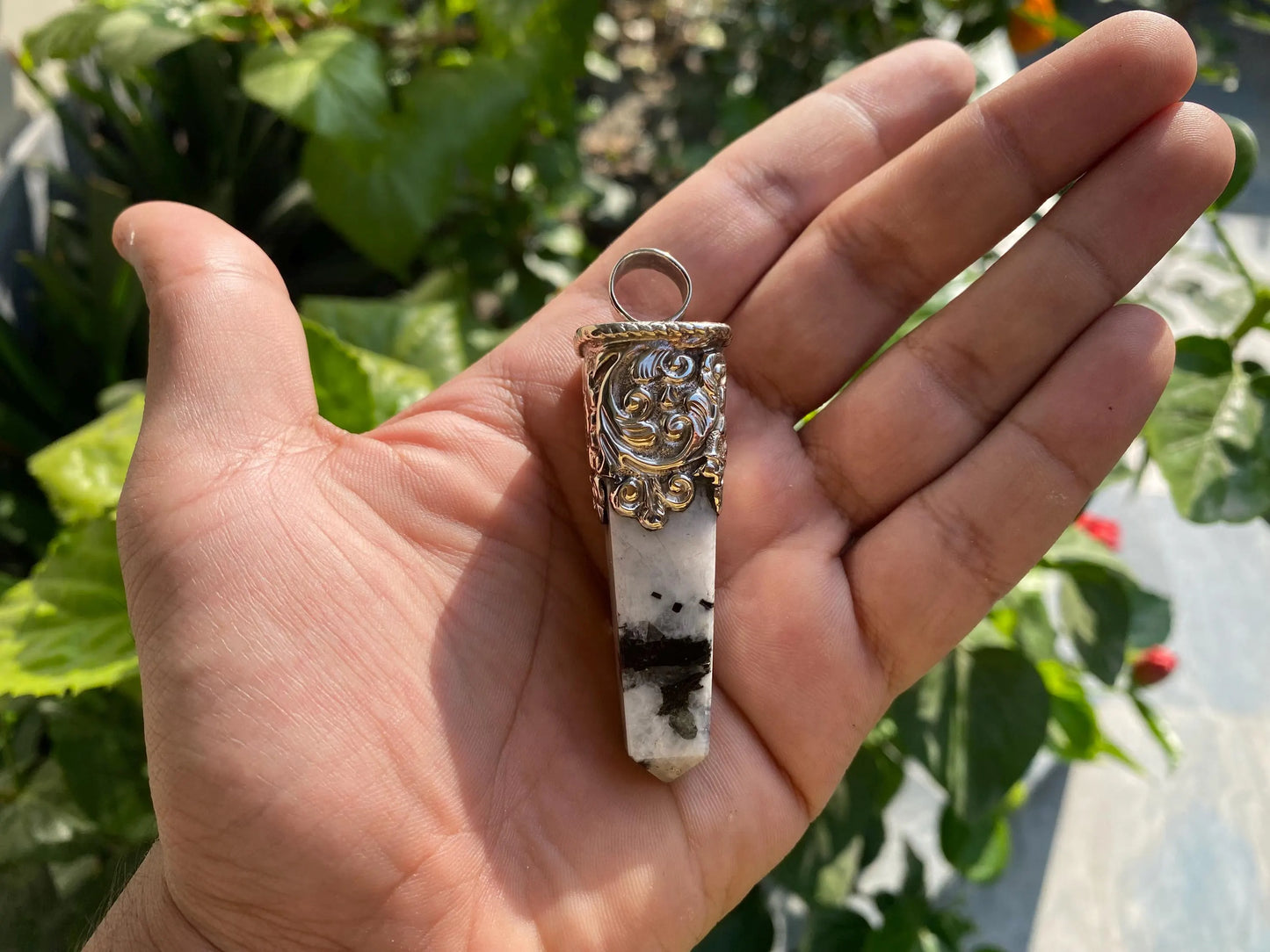 Daily Wear Natural Moonstone Pendant in Tibetan Silver | Handcrafted Pointed Pendant, Unisex Bohemian Jewelry, Pendant for Necklace