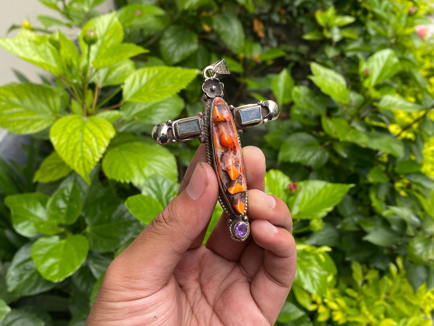Daily Wear Orange Oyster Cross Pendant in Tibetan Silver with Natural Stones, Hammered Design, Handmade in Nepal, Unique Aesthetic Pendant.