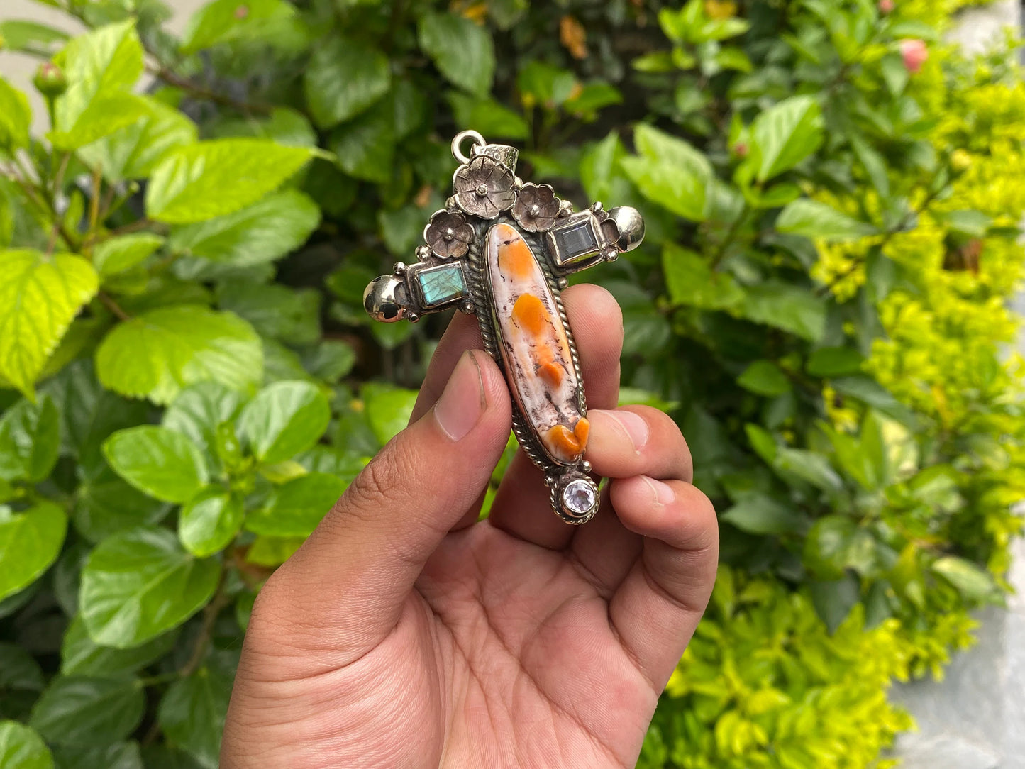 Daily Wear Orange Oyster Cross Pendant in Tibetan Silver with Natural Stones, Hammered Design, Handmade in Nepal, Unique Aesthetic Pendant.