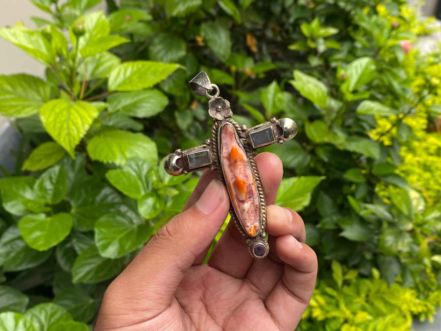 Daily Wear Orange Oyster Cross Pendant in Tibetan Silver with Natural Stones, Hammered Design, Handmade in Nepal, Unique Aesthetic Pendant.