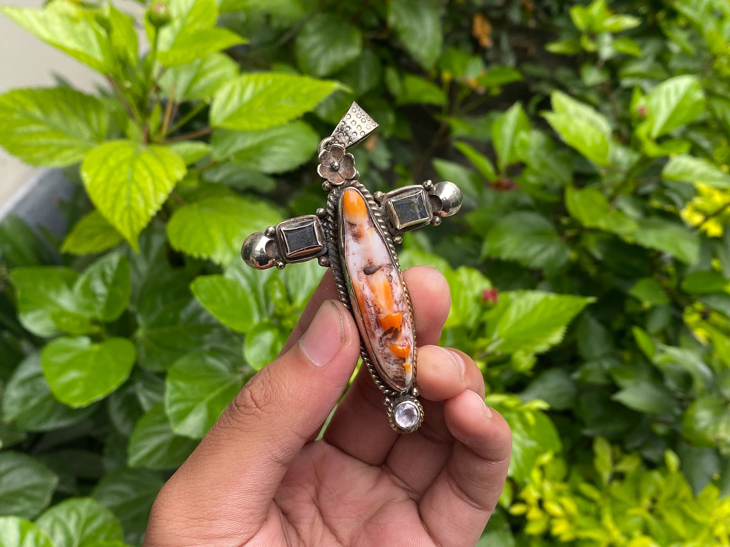 Daily Wear Orange Oyster Cross Pendant in Tibetan Silver with Natural Stones, Hammered Design, Handmade in Nepal, Unique Aesthetic Pendant.