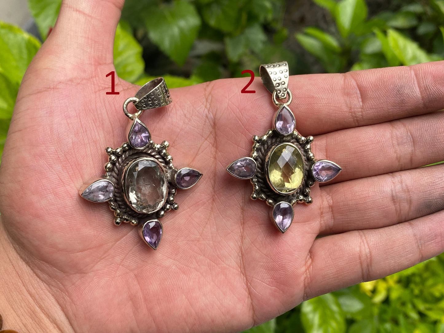 Daily wear aesthetic Natural Gemstone Pendant, Peridot, Amethyst and White Topaz Pendant, Tibetan Silver detailing, Unique gift ideas.