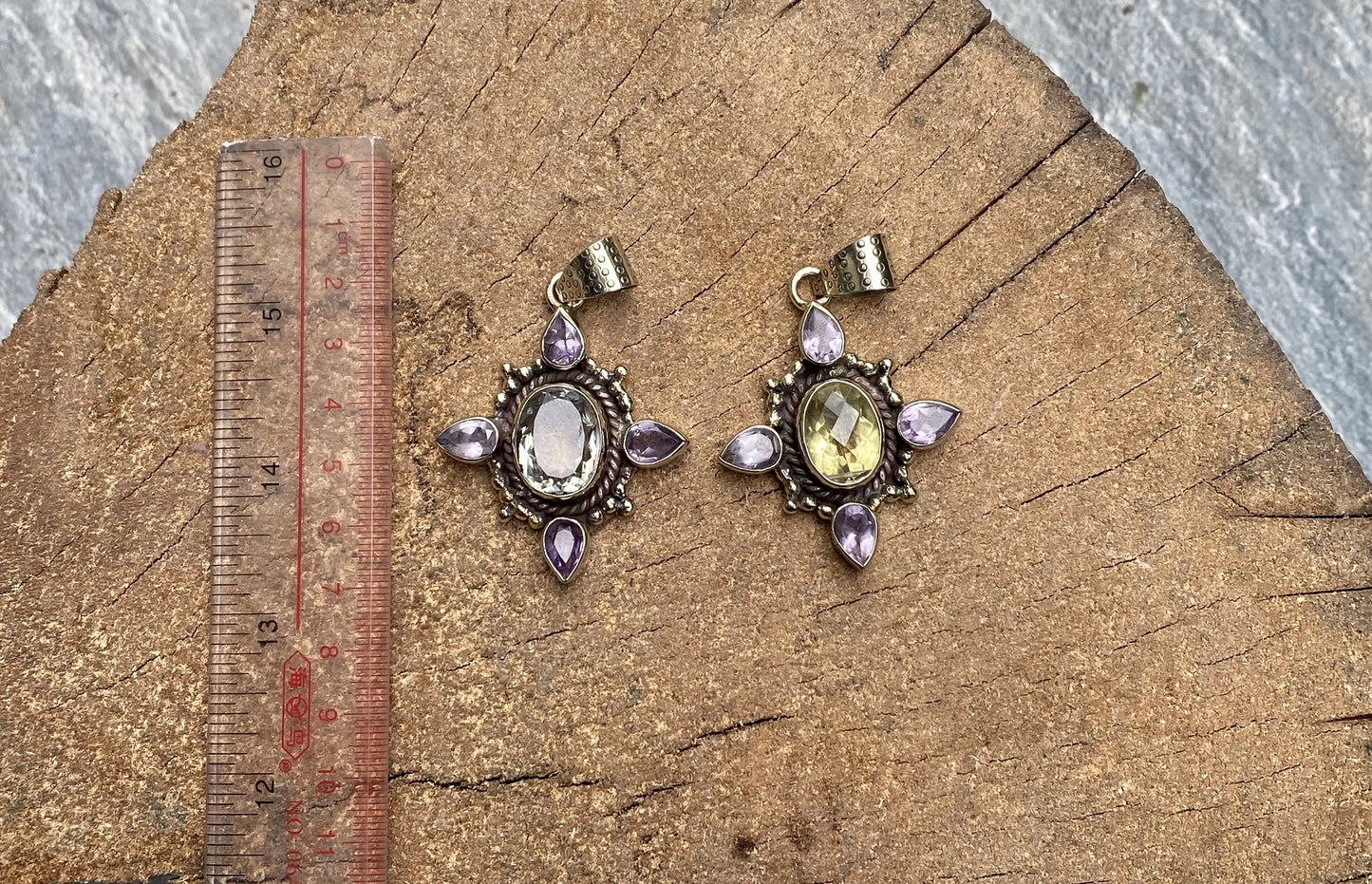 Daily wear aesthetic Natural Gemstone Pendant, Peridot, Amethyst and White Topaz Pendant, Tibetan Silver detailing, Unique gift ideas.