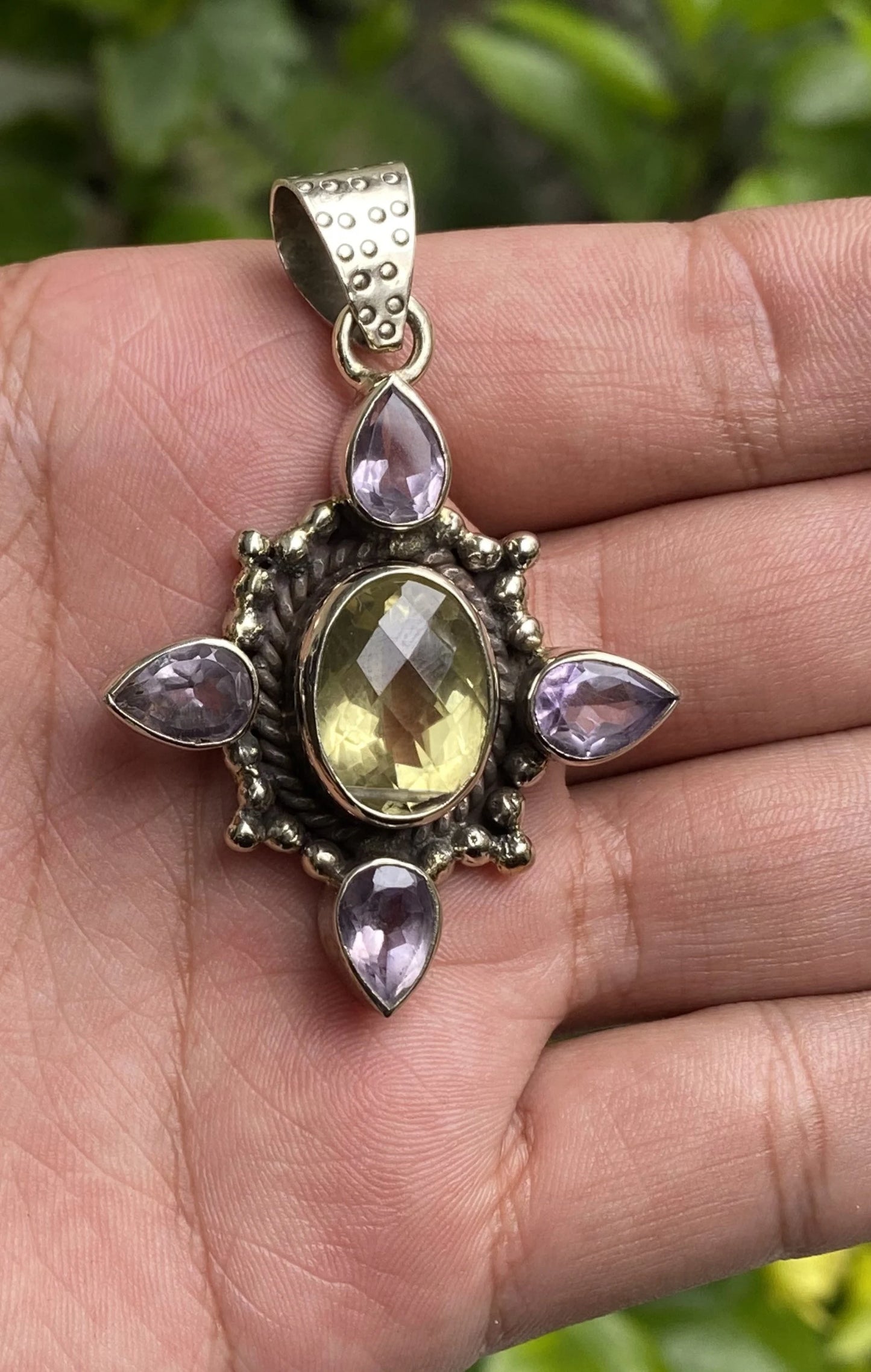Daily wear aesthetic Natural Gemstone Pendant, Peridot, Amethyst and White Topaz Pendant, Tibetan Silver detailing, Unique gift ideas.