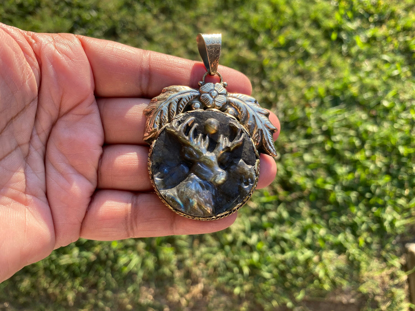 Hand Carved Deer Labradorite Tibetan Silver Pendant, Deer Pendant, Labradorite Deer, Blue Labradorite, Wildlife Jewelry, Animal Pendant