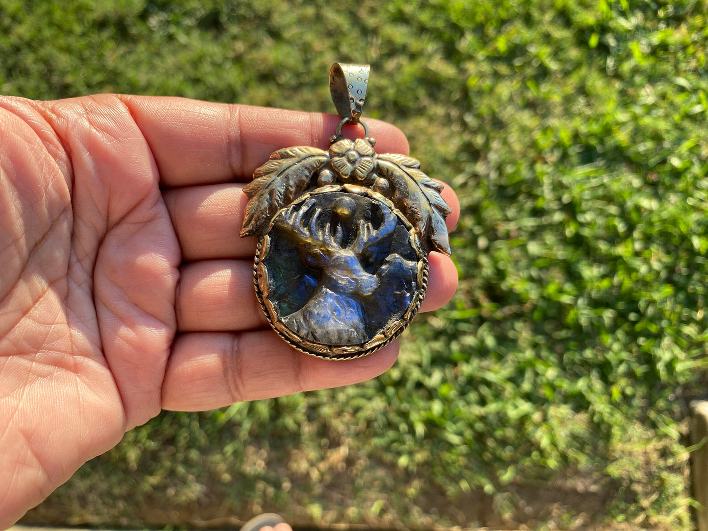 Hand Carved Deer Labradorite Tibetan Silver Pendant, Deer Pendant, Labradorite Deer, Blue Labradorite, Wildlife Jewelry, Animal Pendant